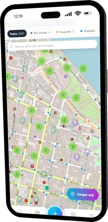 La app de AMSI SRL en el celular, con el mapa de clientes